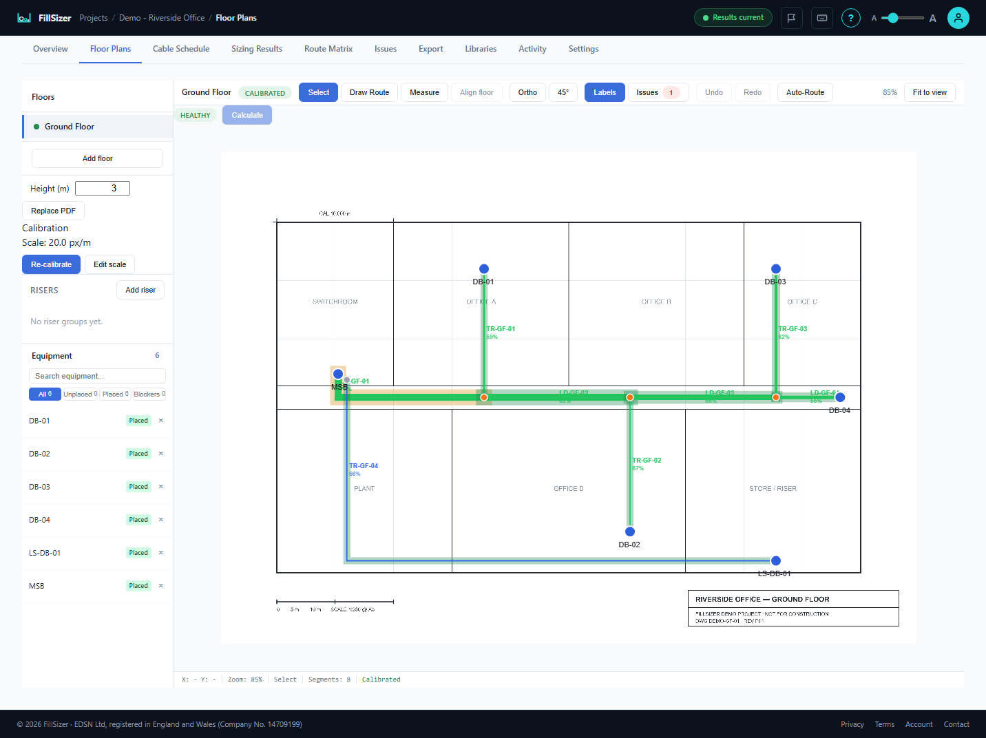 FillSizer floor-plan editor showing demo routes drawn over a scaled floor-plan PDF